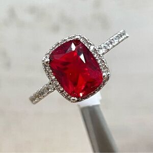 Beautiful Dainty Radiant Cit Halo Red Ruby White Diamond CZ Silver Plated Ring
